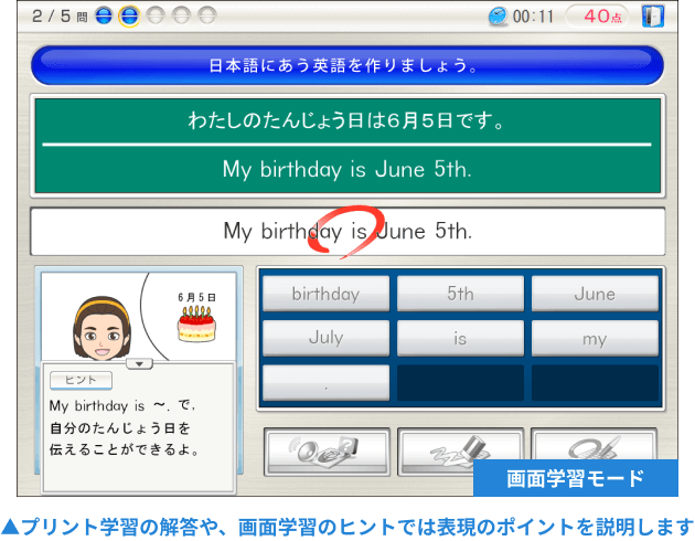 プリント学習の解答や、画面学習のヒントでは表現のポイントを説明します
