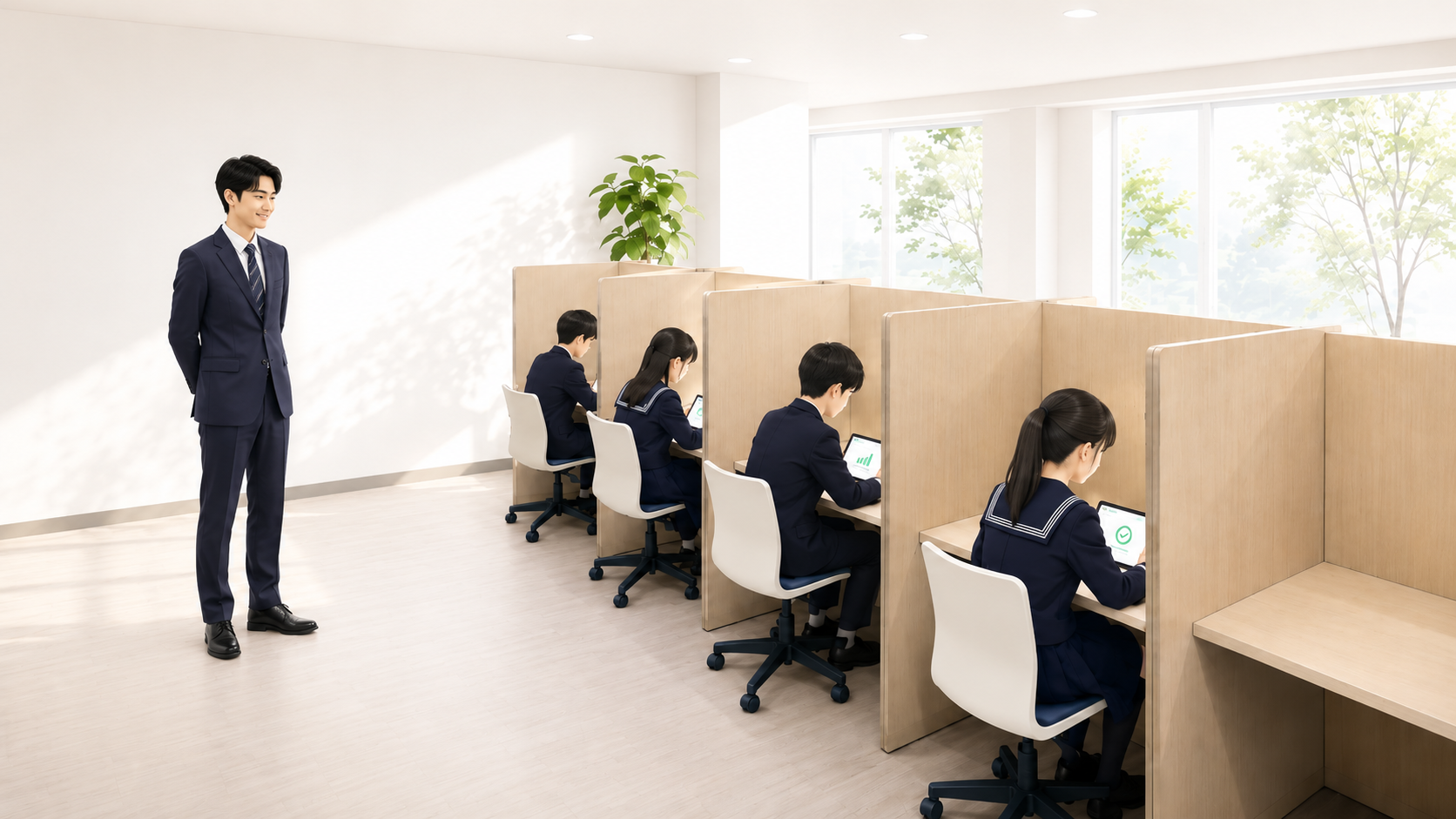 生徒が自立して学習し、先生が余裕を持って見守っている状態
