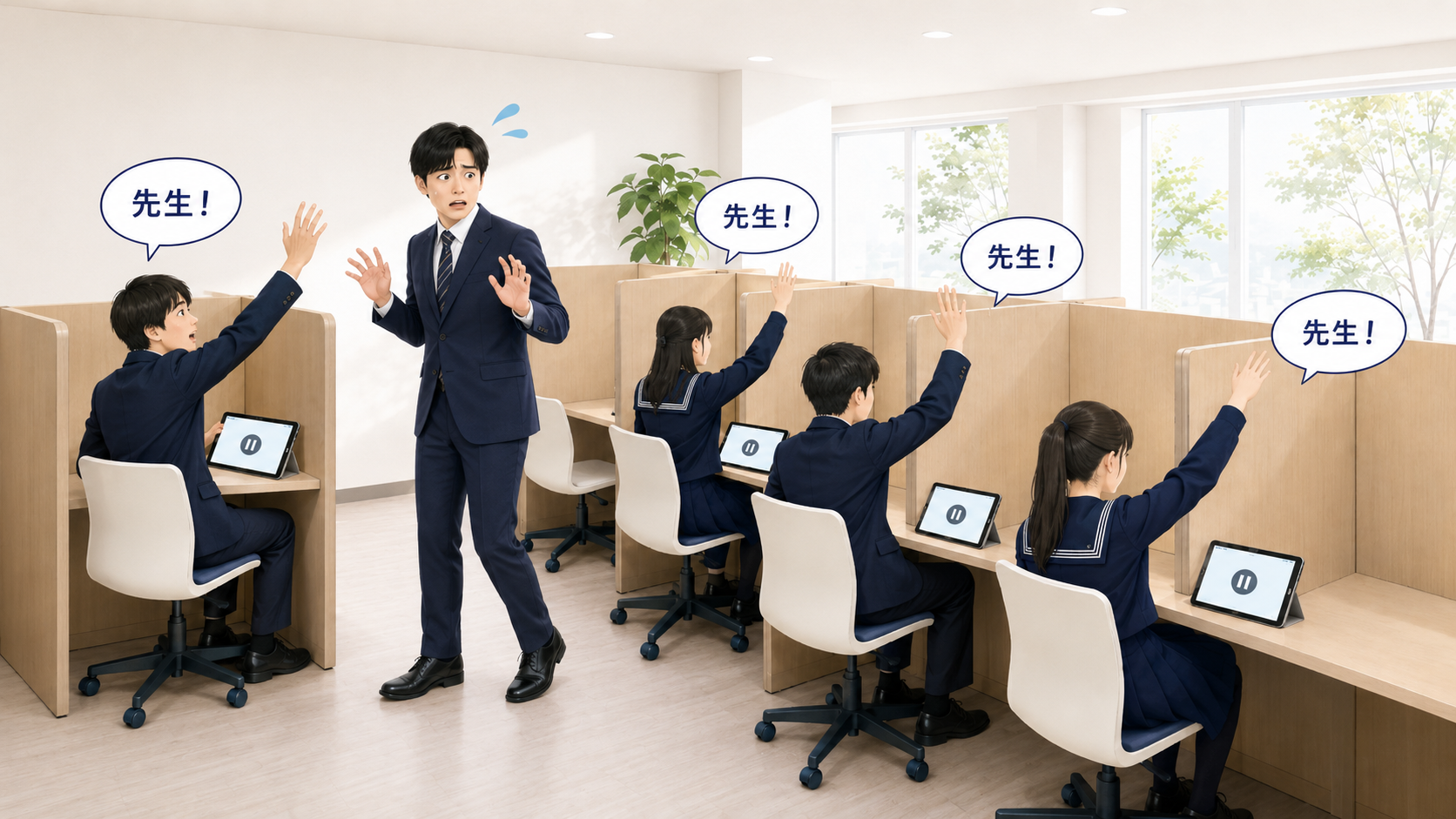 先生が複数の生徒から呼ばれて手が足りない状態
