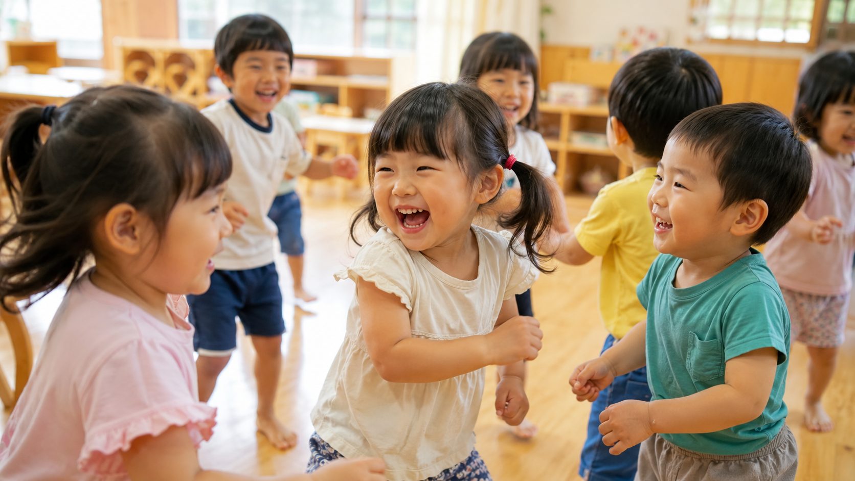 保育室で園児たちが笑顔で一緒に遊ぶ様子を保育士が見守るシーン
