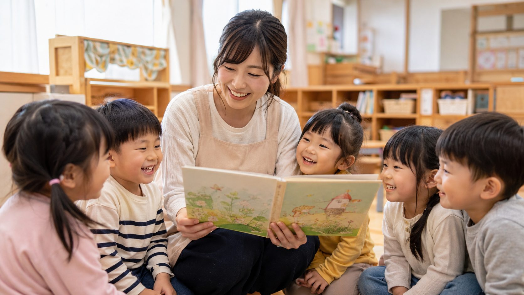 保育士が園児たちに絵本を読み聞かせる温かいシーン