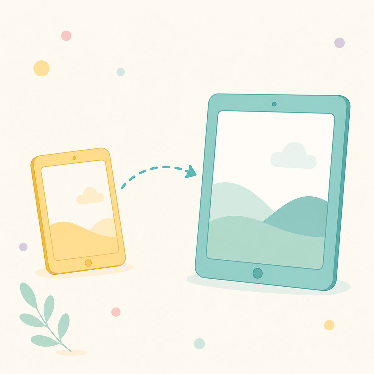 2つのタブレットが矢印でつながる連携イメージのイラスト