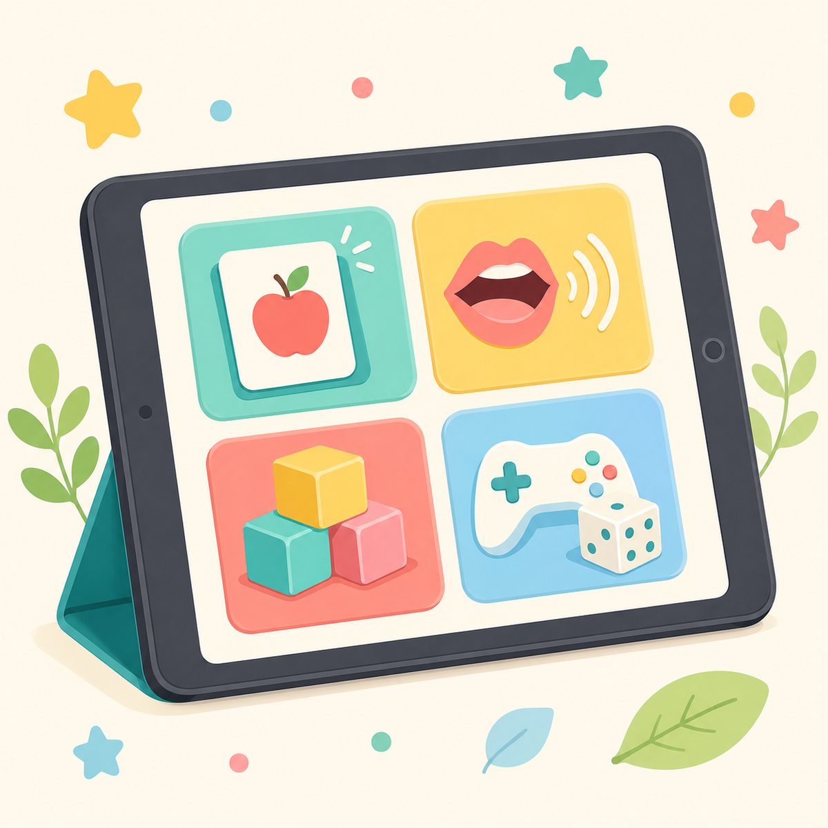 フラッシュカード・フォニックス・アルファベットのアイコンが並ぶタブレット画面のイラスト