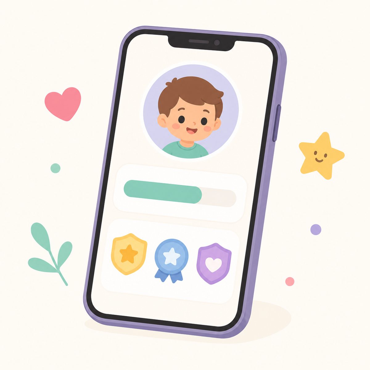 スマホ画面で進捗バーとバッジが表示される保護者確認画面のイラスト