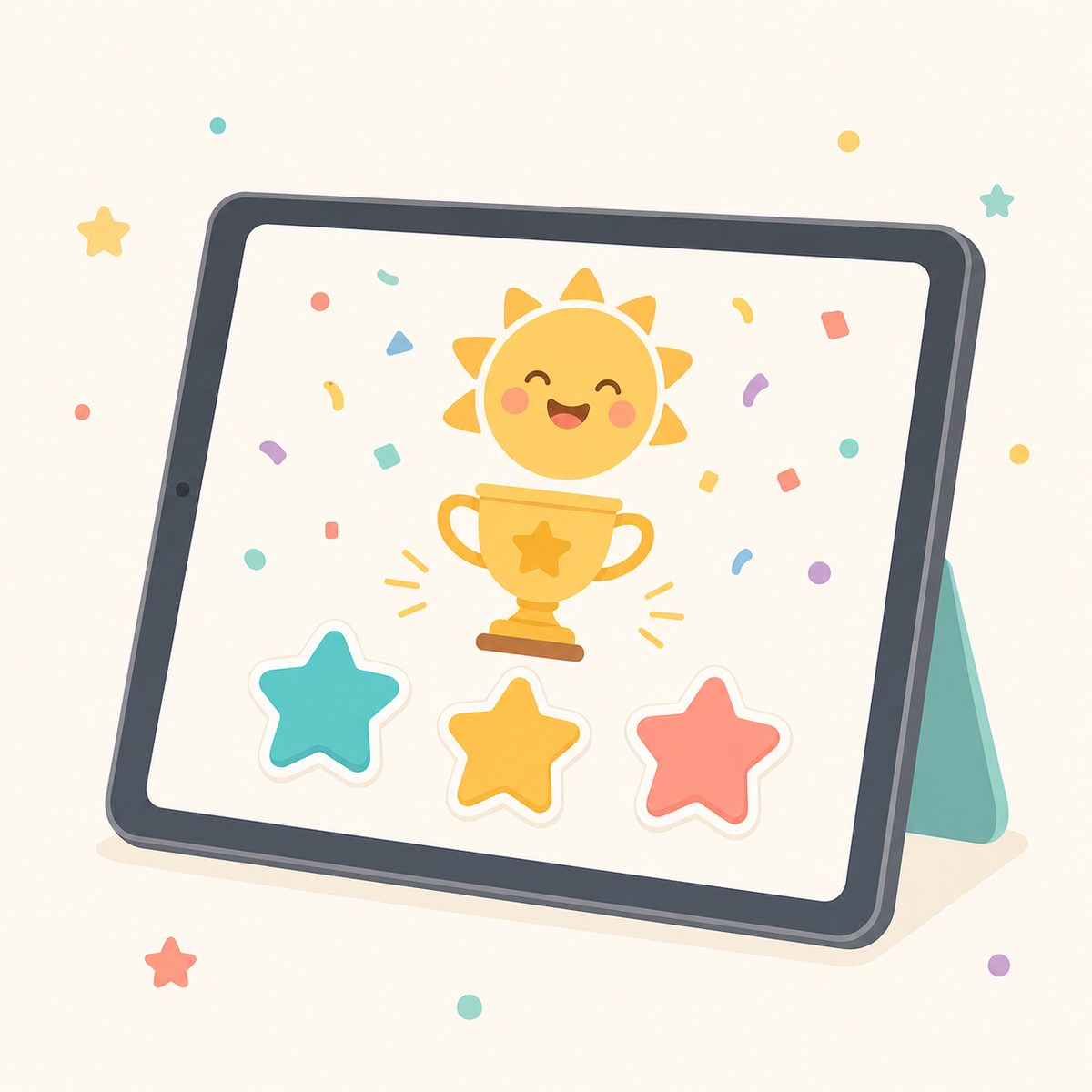 トロフィーと星のシールでお祝いする画面のイラスト