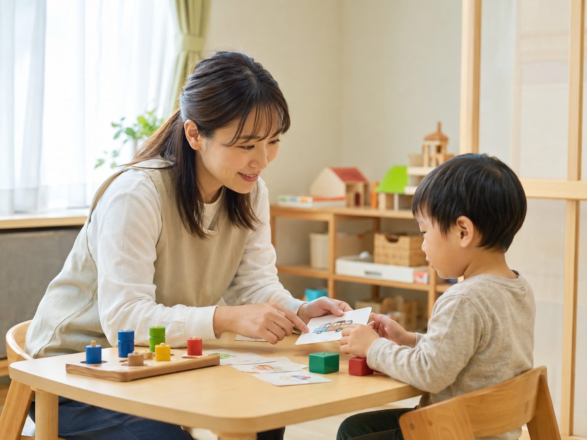 保育士が園児一人にやさしく寄り添って支援する様子