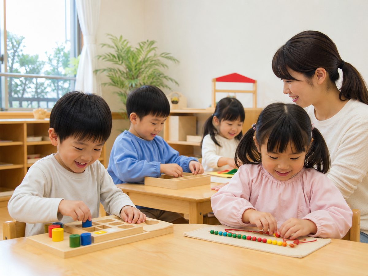 小さな机で少人数の園児が先生と学ぶ幼児教室の様子