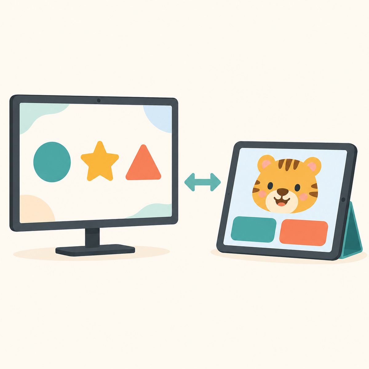 モニターとタブレットが並び、集団学習と個別学習を使い分けるイメージのイラスト
