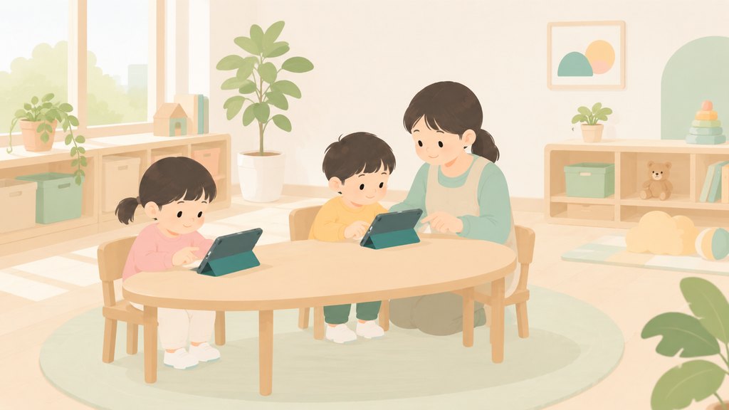 療育室で支援員が寄り添いながら、子どもたちがタブレットで学習している様子