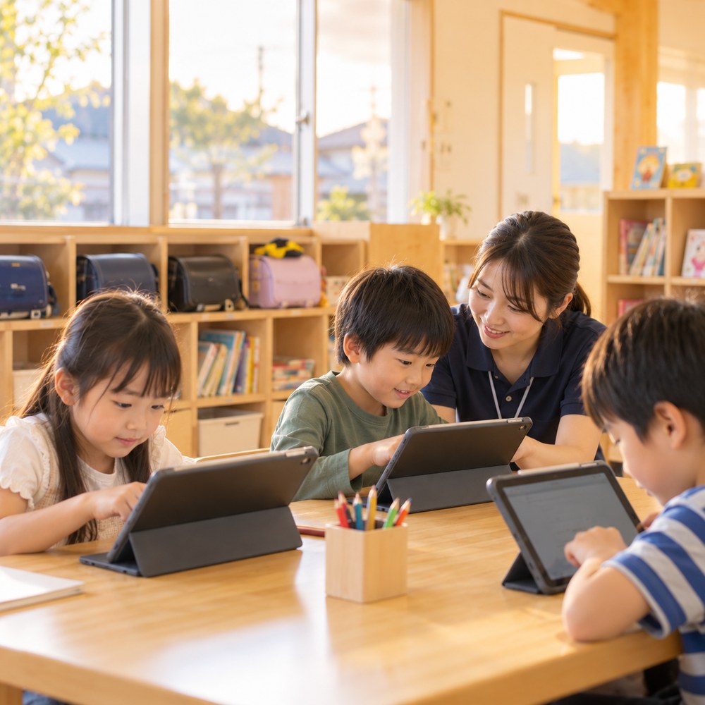 放課後の教室でタブレットに取り組む小学生たちと、寄り添う支援員