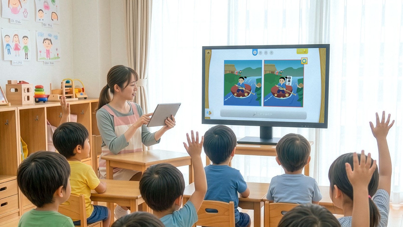 保育室で大型モニターに映した「天神X」幼児版に、園児たちが手を挙げて答える様子