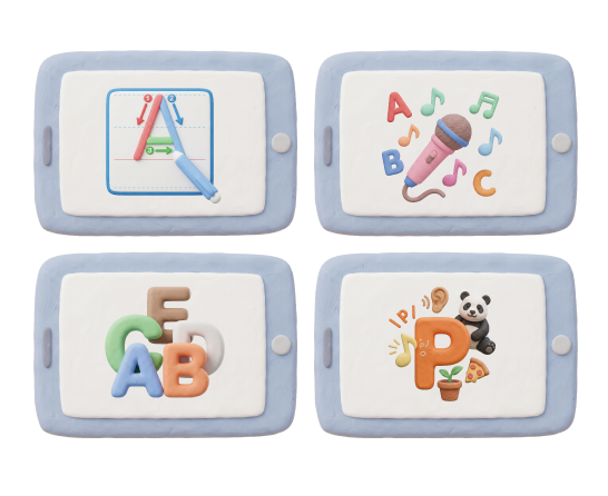 アルファベットが表示された4枚のタブレットのイラスト