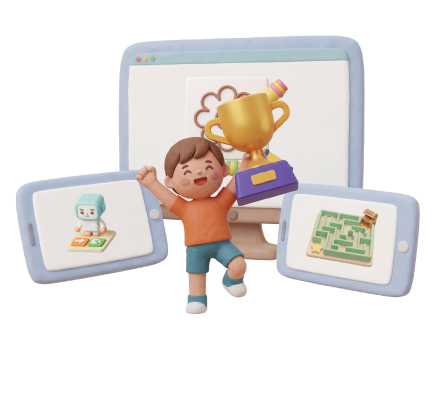 タブレットに囲まれてトロフィーを掲げる子どものイラスト