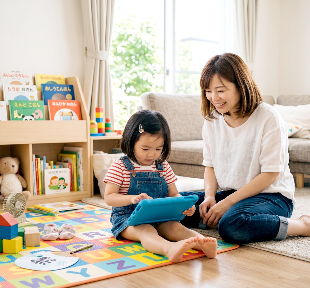 自宅のリビングで保護者と子どもが一緒にタブレットに取り組む様子