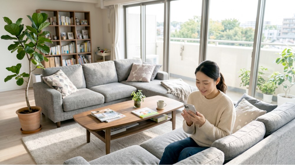 自宅のソファで保護者がスマホを見ている様子