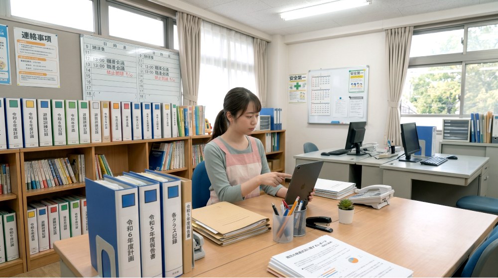 職員室で先生がパソコンに向かい、子どもの記録をまとめる様子
