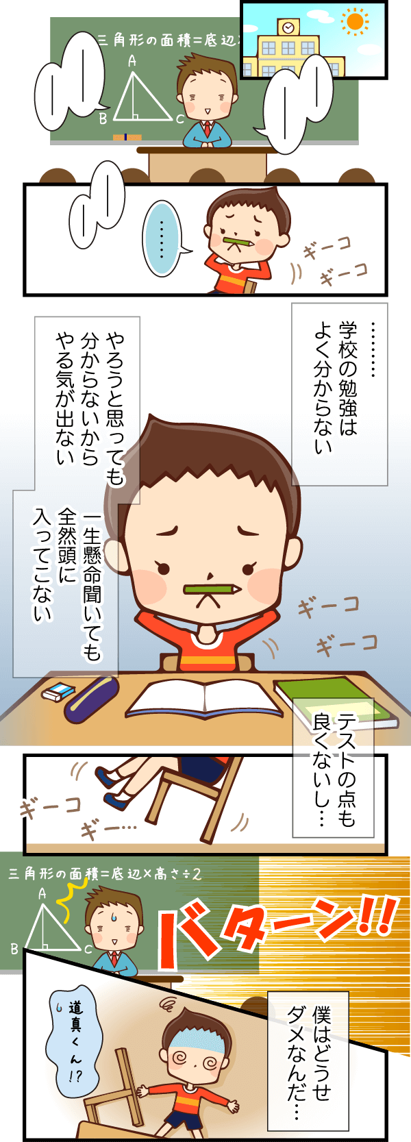 子：学校の勉強はよく分からない。テストの点も良くないし…。僕はどうせダメなんだ…