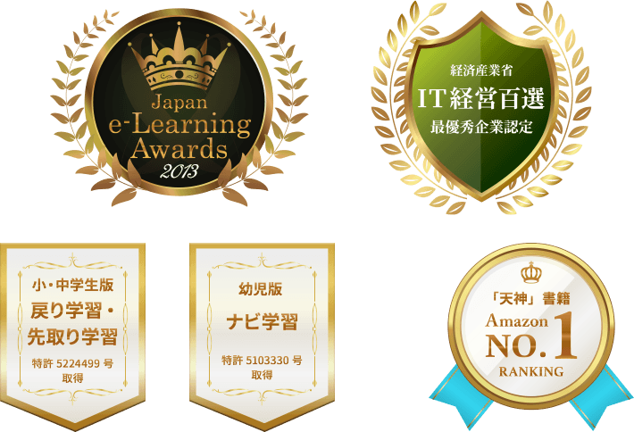 第10回日本e-Learning大賞 グランプリ受賞、小・中学生版「戻り学習・先取り学習」特許取得、幼児版
「ナビ学習」特許取得、経済産業省ＩＴ経営百選 最優秀企業認定、「天神」書籍 Amazon1位獲得