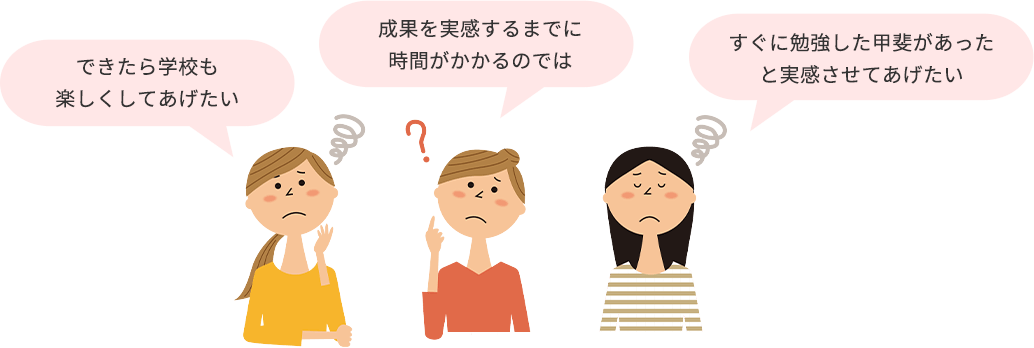 「成果を実感するまでに時間がかかるのでは」「できたら学校も楽しくしてあげたい」「すぐに勉強した甲斐があったと実感させてあげたい」