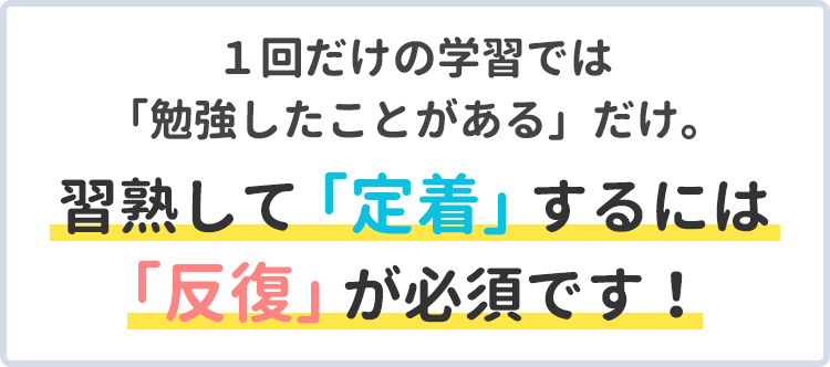 １回だけの学習では「勉強したことがある」だけ。習熟して「定着」するには「反復」が必須です。