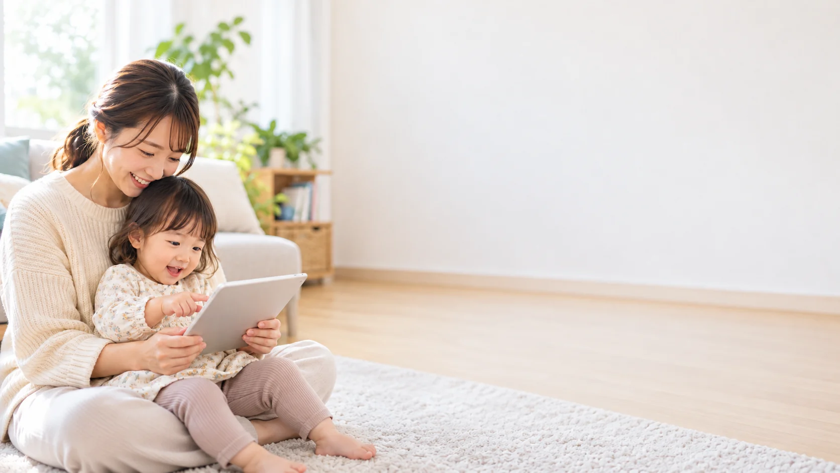 タブレットで学ぶ幼児と、そばで見守るお母さん