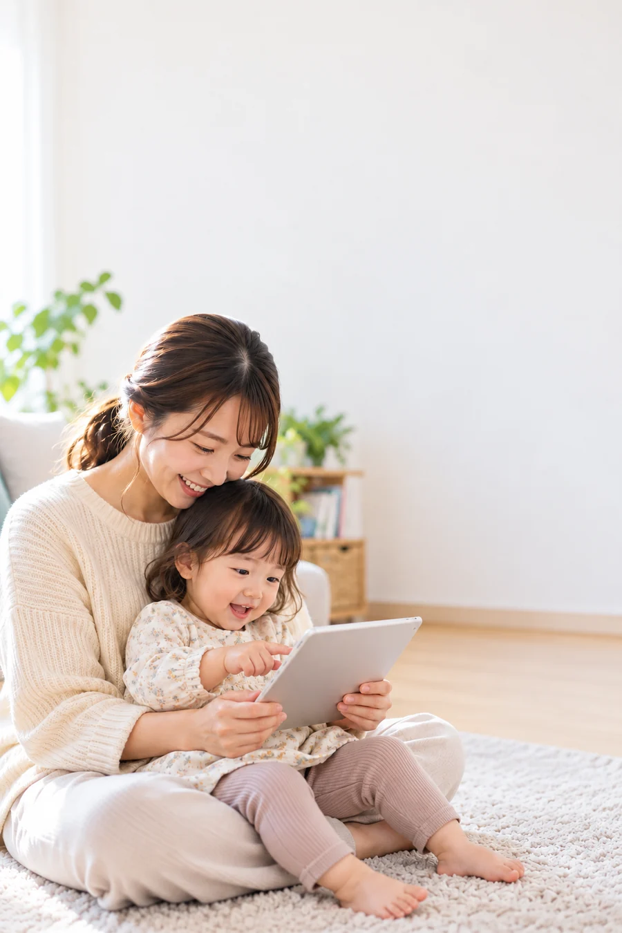 タブレットで学ぶ幼児と、そばで見守るお母さん