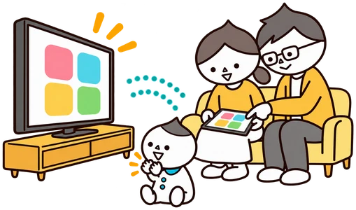 お父さんとお母さんがタブレットを操作し、その画面がテレビに映っている様子