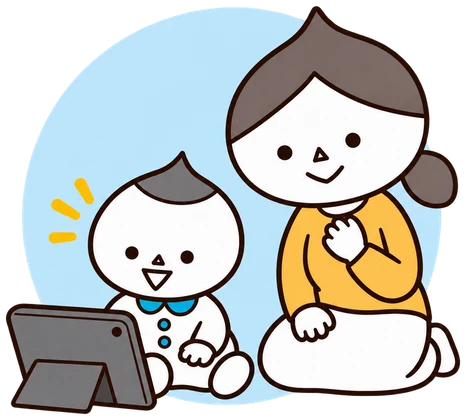 タブレットで学ぶ幼児を見守るお母さん