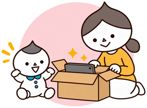 届いた体験用タブレットに喜ぶ幼児とお母さん